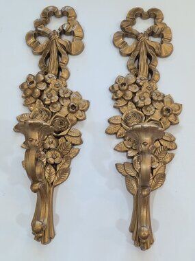 Vintage 1969 Syroco Wall Candle Sconces Gold Mid-Century Modern MCM